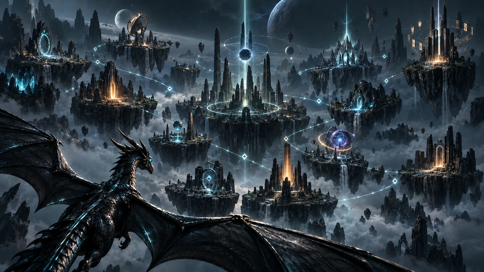A cybernetic dragon overlooks the Nexus and a connected world of floating knowledge islands.